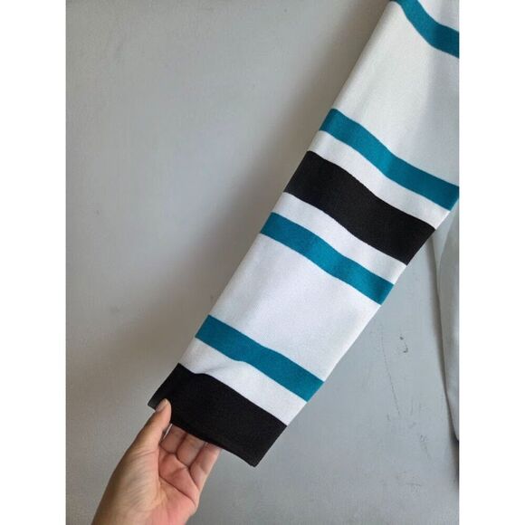 CJ Banks Women White w/Black Teal Trim Long Open Knit Cardigan Sweater size 3X - Picture 3 of 7